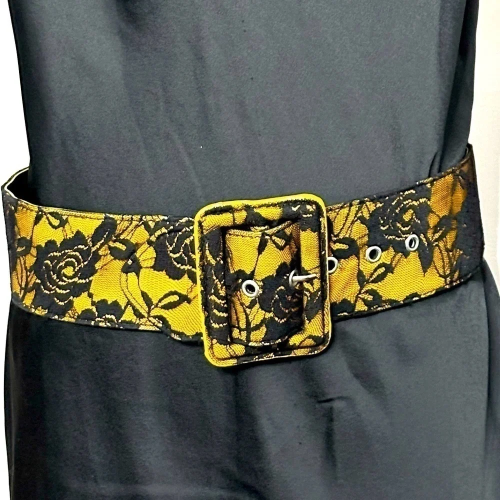 Artisan Belt Fabric Gold & Black Floral Lace Wide Faux Leather Boudoir 34